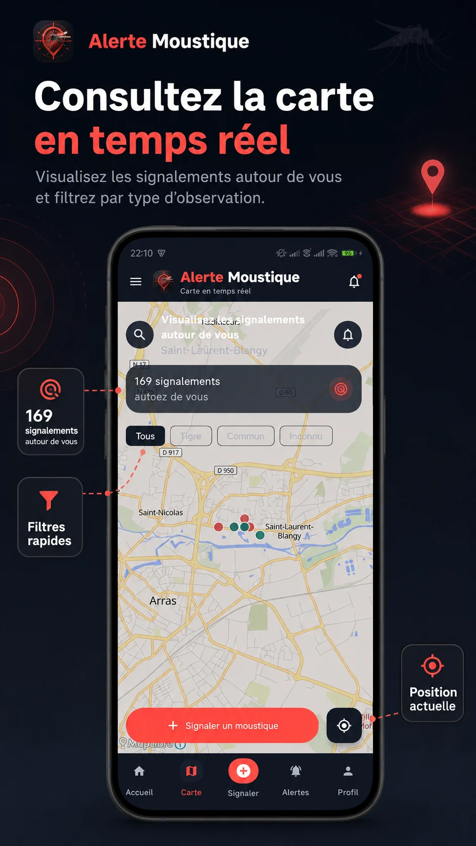 Carte en temps réel de l’application Alerte Moustique