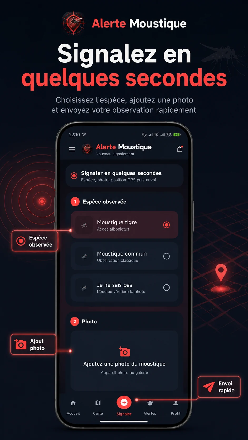 Écran de signalement rapide avec ajout de photo