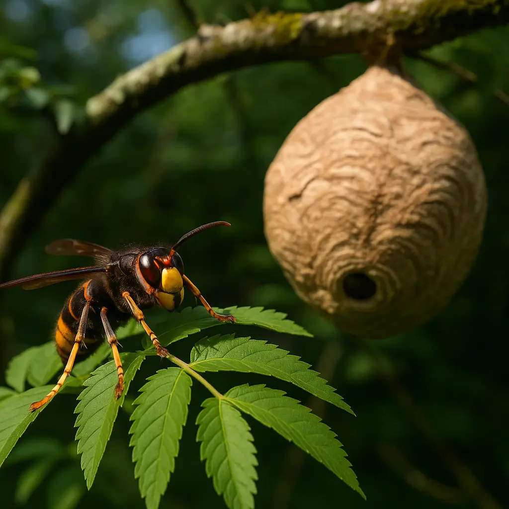 Frelon asiatique à pattes jaunes à proximité de son nid